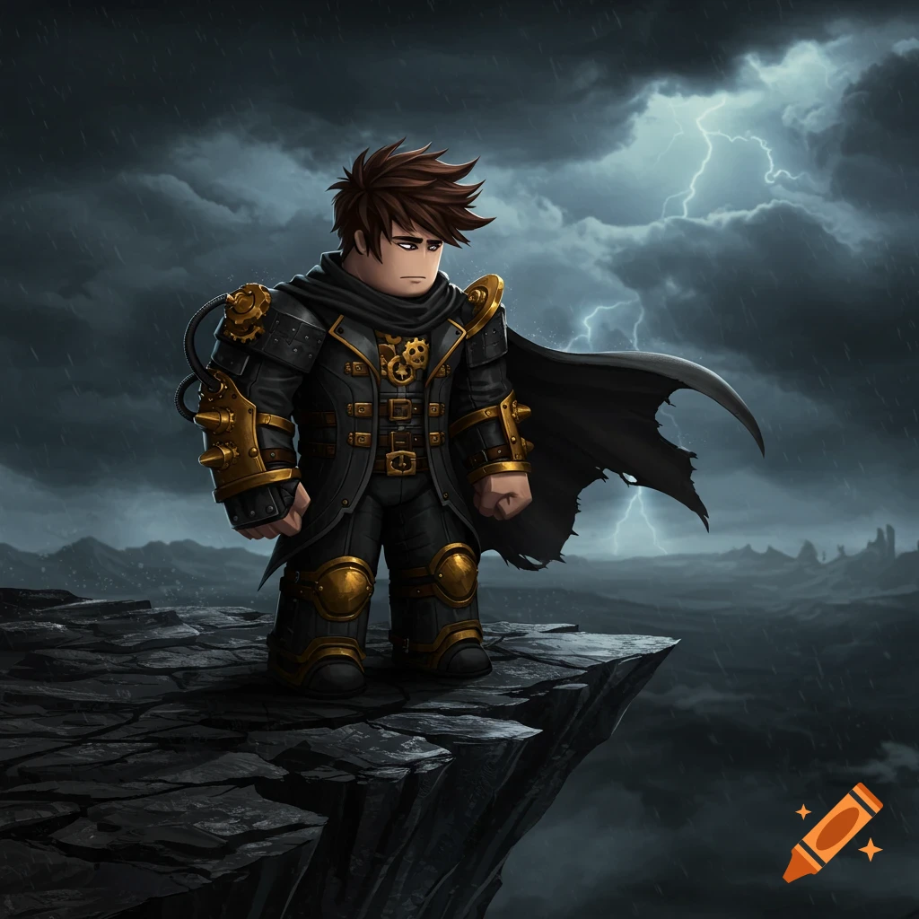 A stylized male character in dark steampunk armor and a cape stands on a rocky cliff under a stormy, lightning-filled sky.