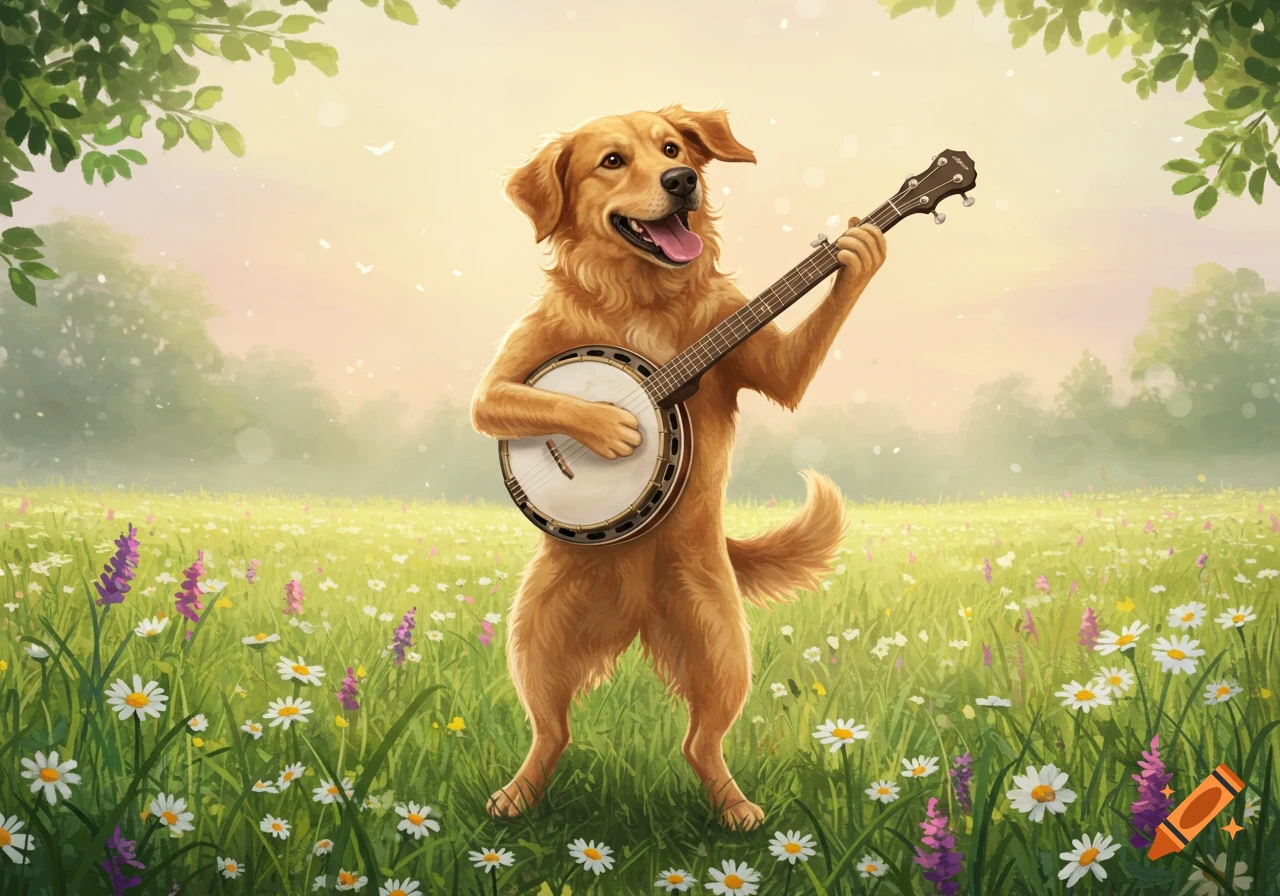 A whimsical golden retriever dog stands on its hind legs, happily playing a banjo in a sunny field of white and purple flowers.
