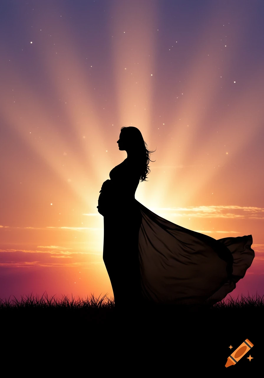 Silhouette of a pregnant woman in a flowing dress against a vibrant orange and purple sunset sky with sun rays.
