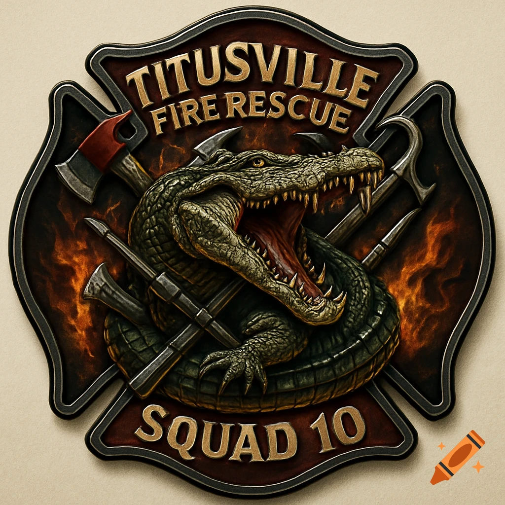 Detailed fire rescue emblem with an aggressive alligator, tools, and flames. Text: 'Titusville Fire Rescue Squad 10'.
