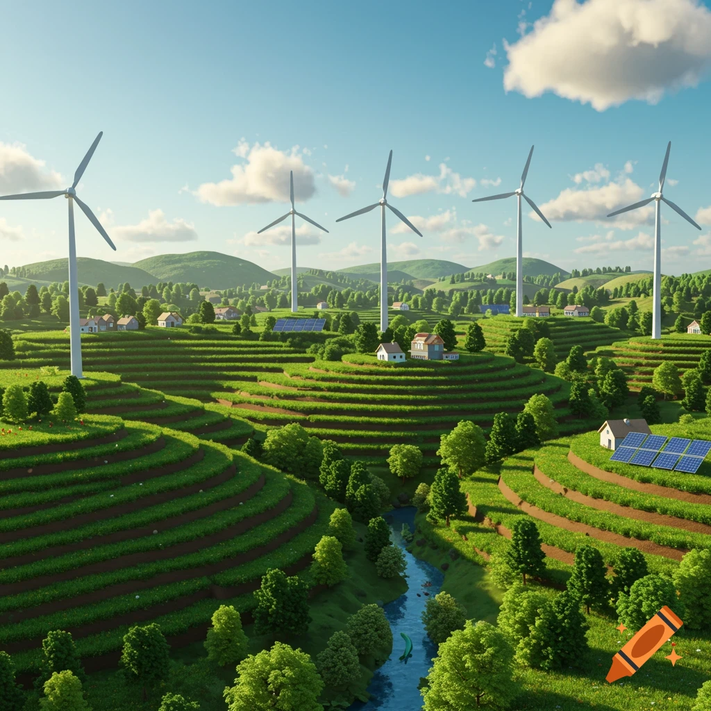 A vibrant, stylized landscape features terraced green fields, a winding river, scattered houses, and multiple wind turbines under a blue sky.