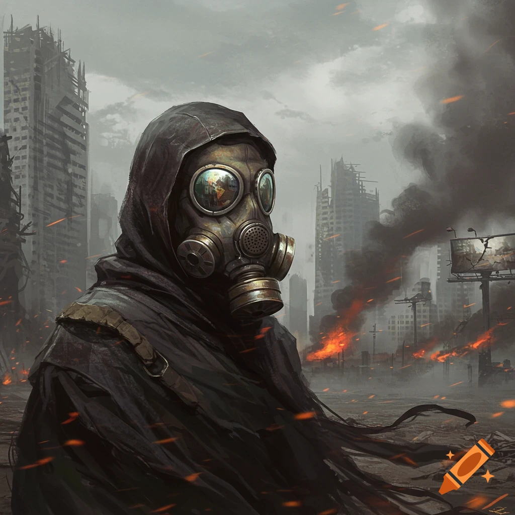 A cloaked figure in a gas mask stands in a ruined, burning city under a grim sky, digital painting.