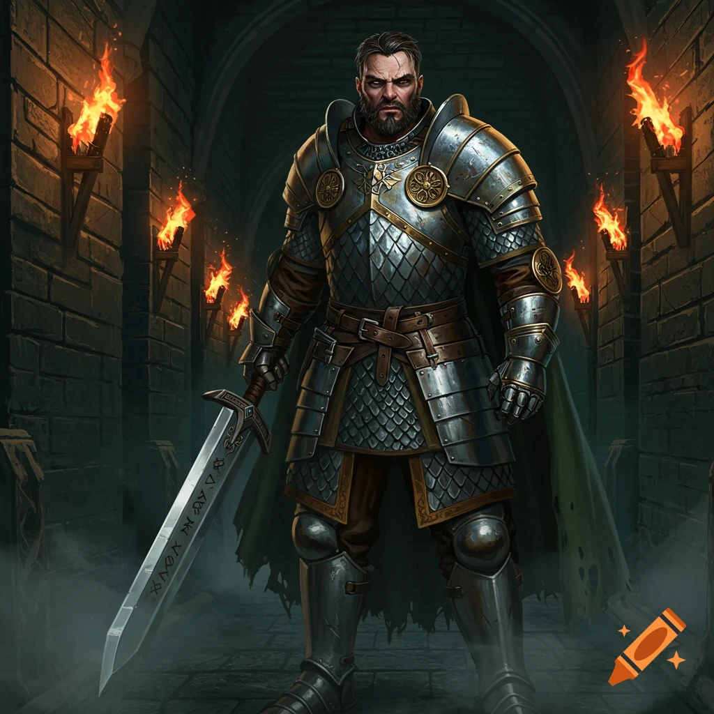 A bearded warrior in shining scale mail and plate armor stands with a sword in a torch-lit stone dungeon.