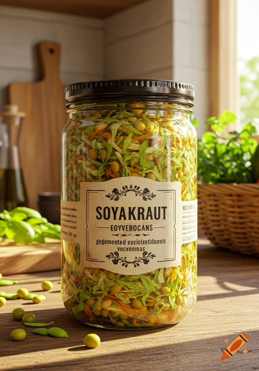 Photorealistic image of a glass jar of "SoyaKraut" filled with chopped cabbage, carrots, and soybeans, on a wooden kitchen counter.