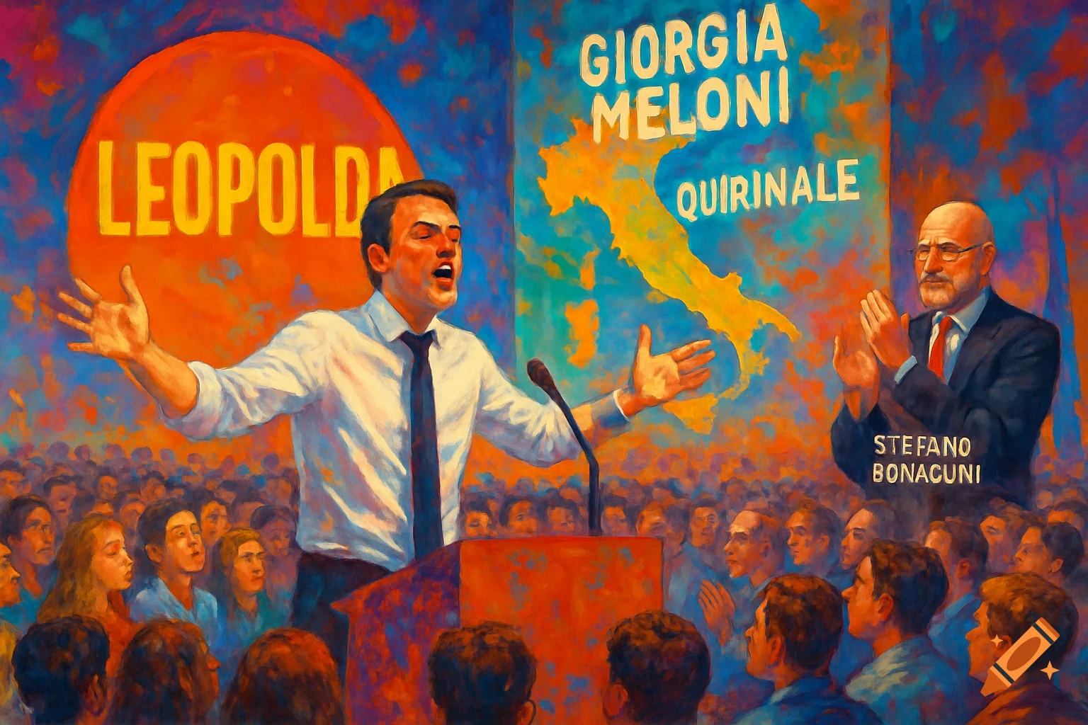Painterly image of a political rally with a man speaking at a podium and another man clapping, banners with text 'Leopolda', 'Giorgia Meloni Quirinale', and 'Stefano Bonacuni' are visible in the background, along with a map of Italy.
