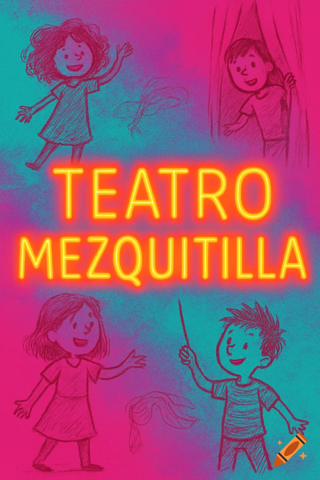 A vibrant pink and teal illustration features cartoon children and bright orange neon text 'TEATRO MEZQUITILLA'.