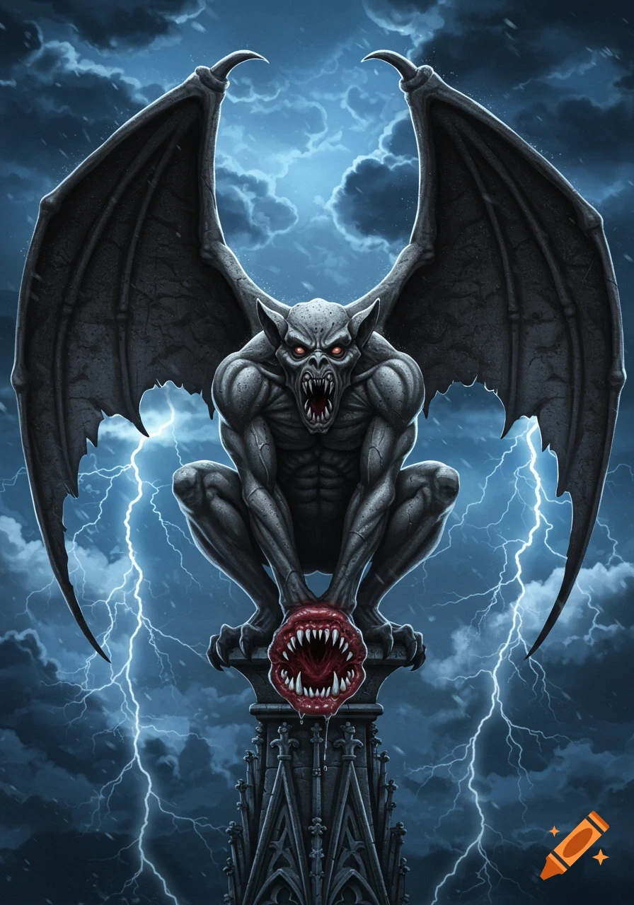 A fierce gargoyle with red eyes and large wings squats on a gothic spire, a demonic mouth on its stomach, against a stormy sky with lightning.