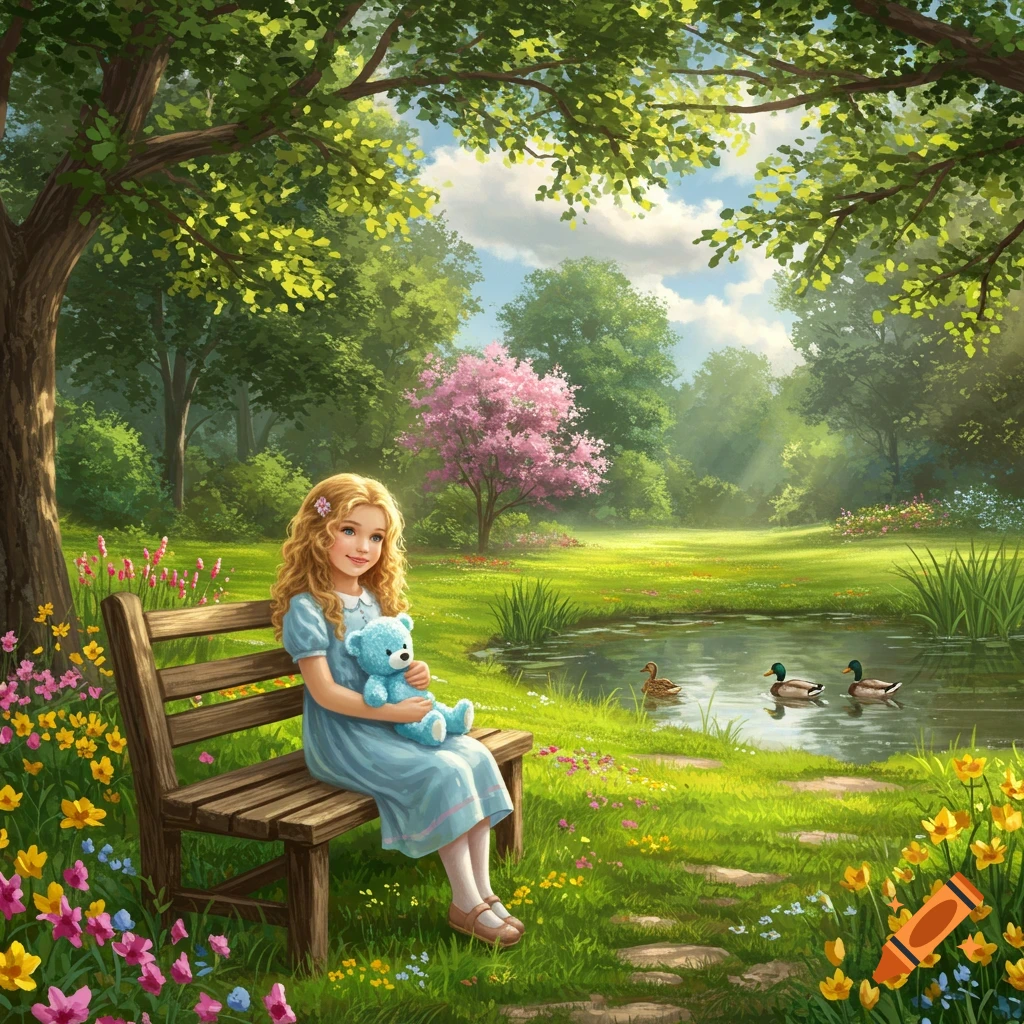 Illustrated young girl with a teddy bear on a park bench by a pond with ducks.