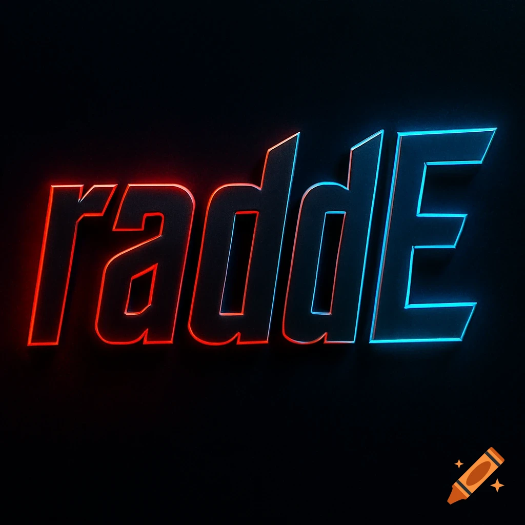 Futuristic neon glowing word 'raddiE' in red and electric blue on a dark background, in a cyberpunk style.