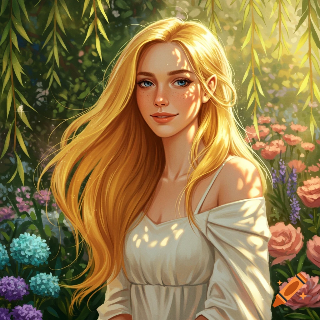 Illustrative portrait of a smiling blonde woman in a white dress, bathed in dappled sunlight among vibrant flowers.