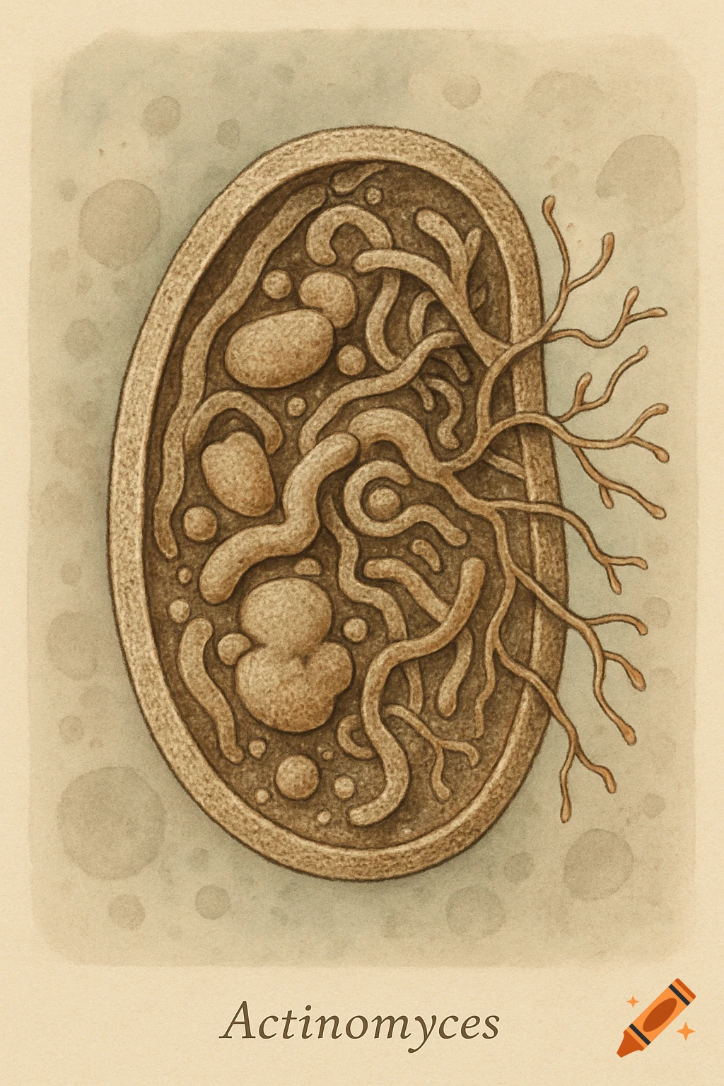 Detailed illustration of a brown Actinomyces bacterium with branching filaments on a light background.