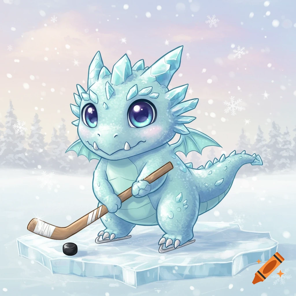 Cute cartoon ice dragon playing hockey on a block of ice in a snowy winter landscape.