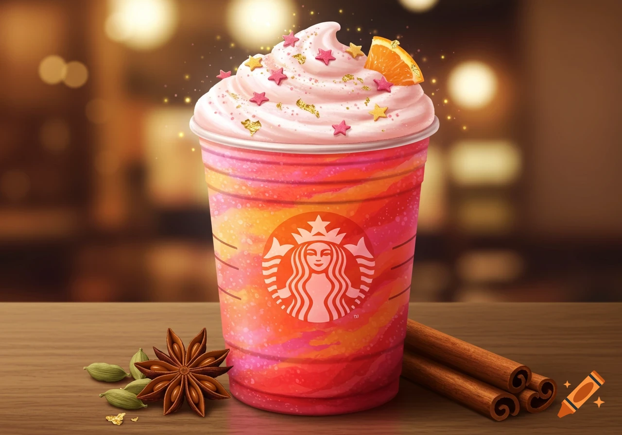 Vibrant, illustrated Starbucks cup with whipped cream, orange slice, sprinkles, star anise, and cinnamon sticks on a wooden table.