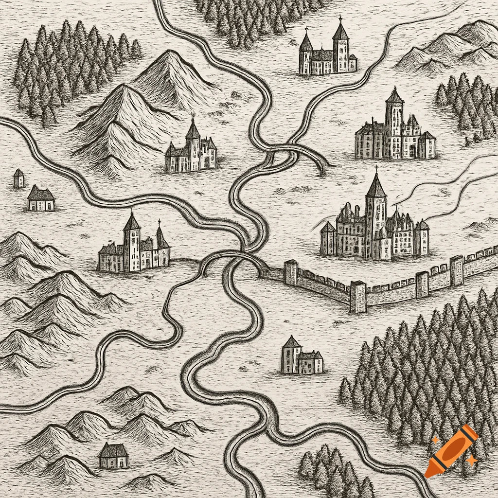 A hand-drawn, black and white fantasy map showing castles, a walled fortress, rivers, roads, forests, and mountains.