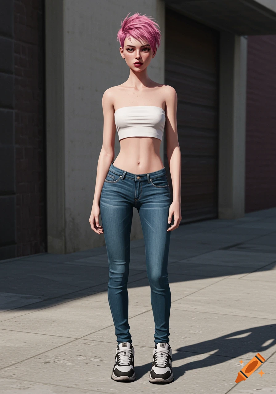 A photorealistic full-body portrait of a girl with pink pixie hair, wearing a white bandeau top, skinny jeans, and sneakers in an urban setting.