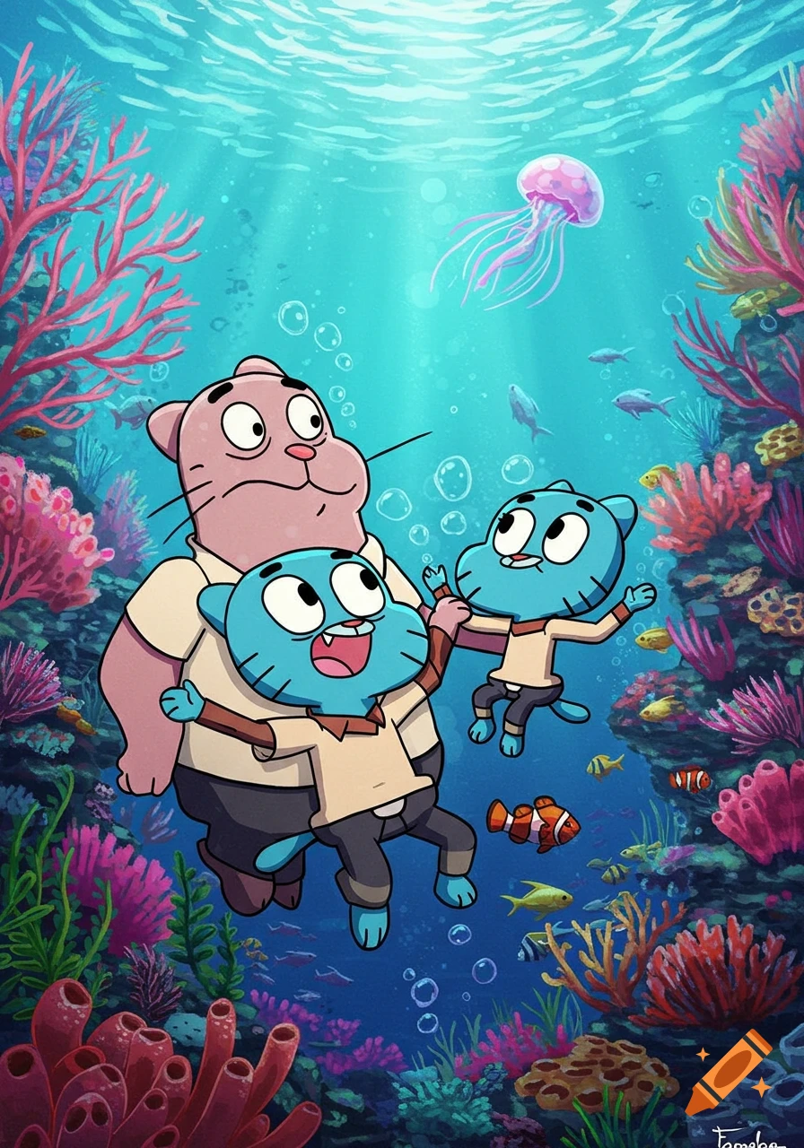Richard, Gumball, and Darwin underwater with colorful coral, fish, and a pink jellyfish in a vibrant cartoon style.