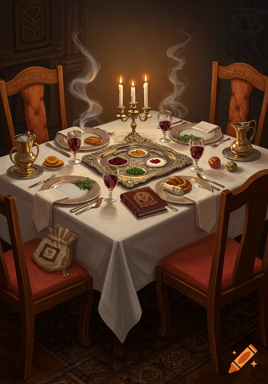 An elaborately set Seder table with lit candles, wine glasses, a Seder plate, a book, and other ritual items, in a warm, detailed, painterly style.