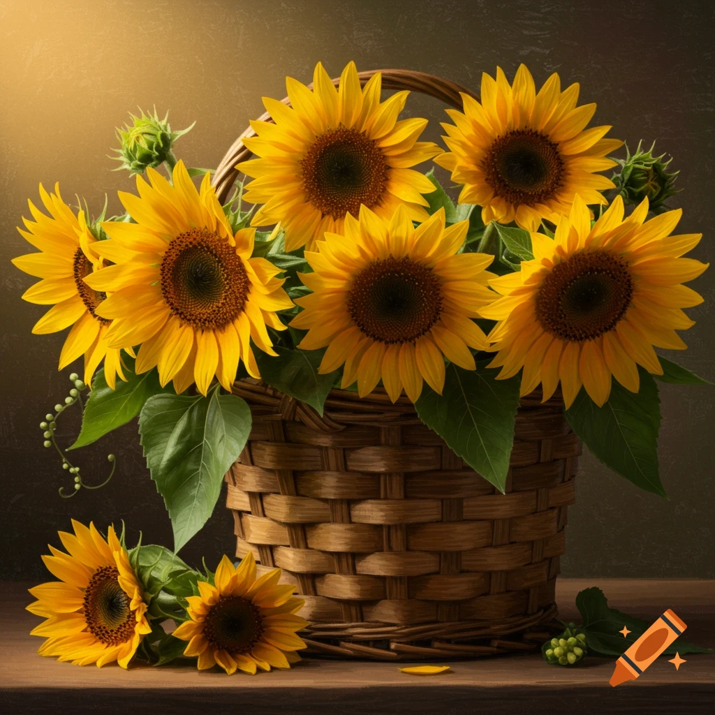 A wicker basket filled with vibrant yellow sunflowers and green leaves, with some sunflowers on a wooden table. Photorealistic still life.