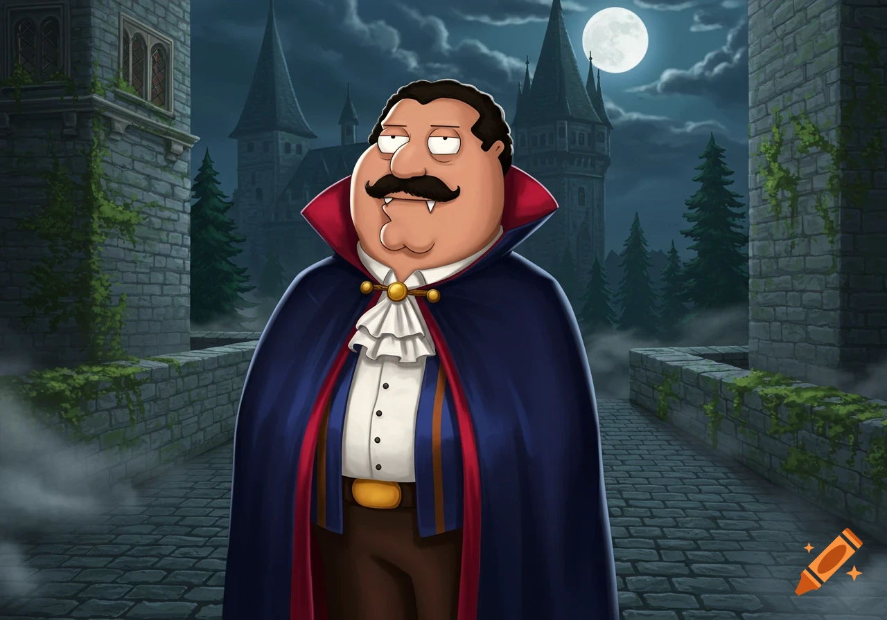 Cleveland Brown from Family Guy dressed as a vampire, standing in front of a dark castle under a full moon.