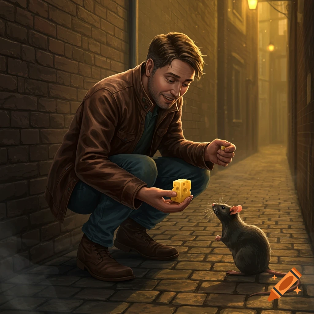A man crouches in a dark alleyway, offering a block of Swiss cheese to a rat, with glowing streetlights in the background.