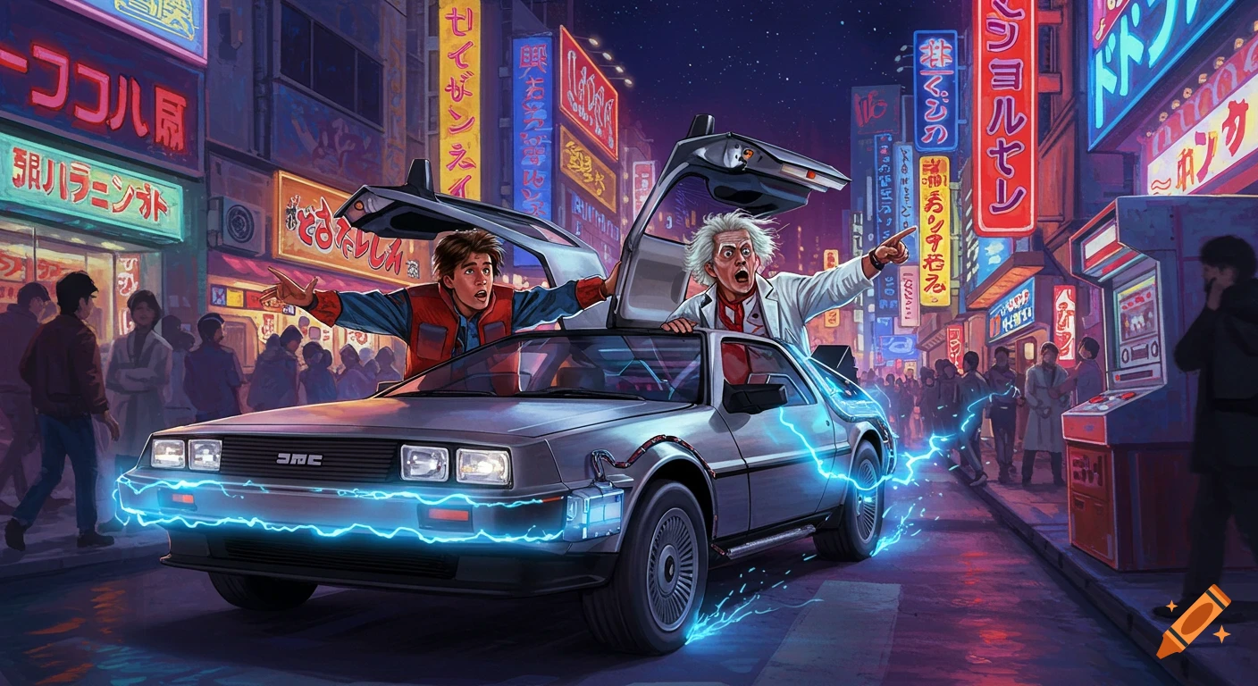 Marty McFly and Doc Brown in the DeLorean on a neon-lit futuristic Japanese street at night.