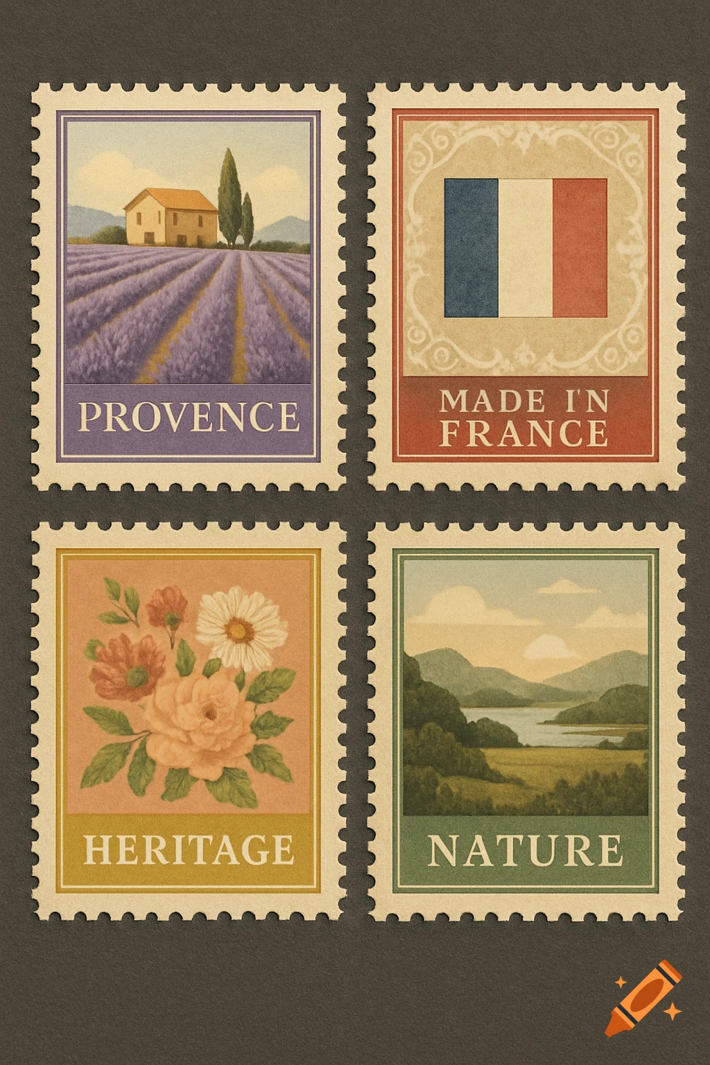 A sheet of four vintage-style stamps. Top left: a lavender field with a house, text "PROVENCE". Top right: the French flag, text "MADE IN FRANCE". Bottom left: a bouquet of flowers, text "HERITAGE". Bottom right: a landscape with mountains and a lake, text "NATURE".