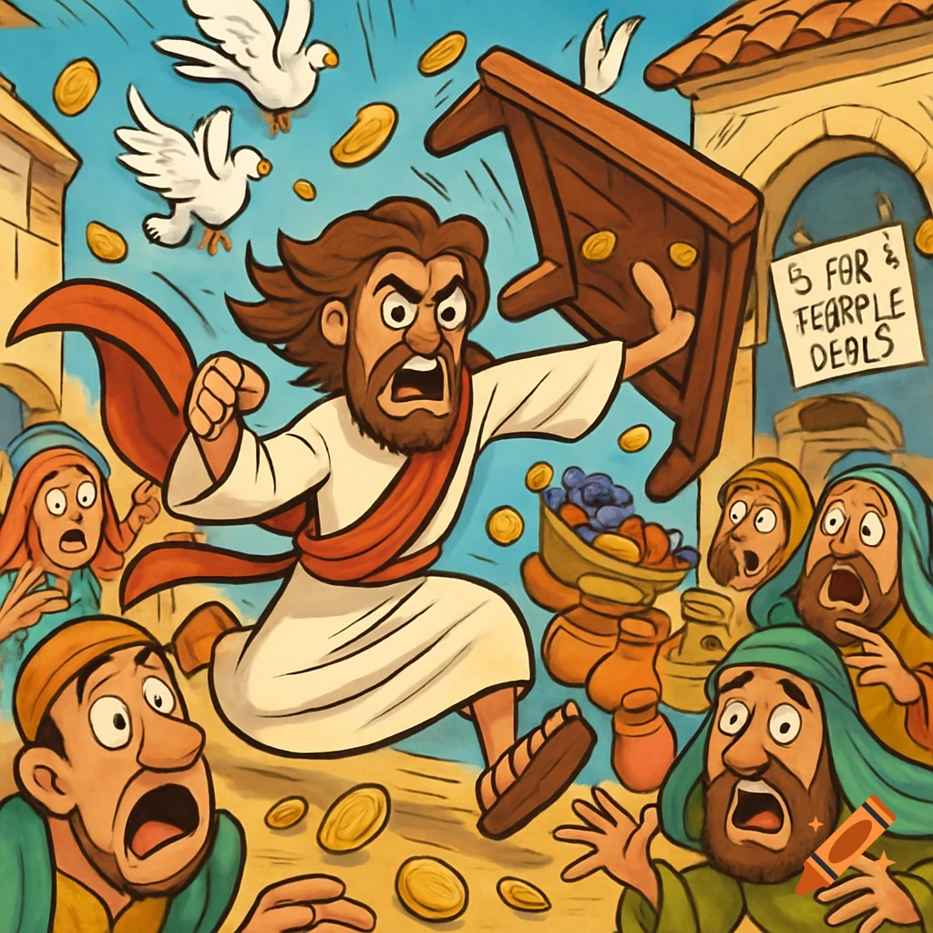 Cartoon Jesus with a beard and red sash fiercely flips a wooden table, scattering coins and doves, while shocked market-goers react.