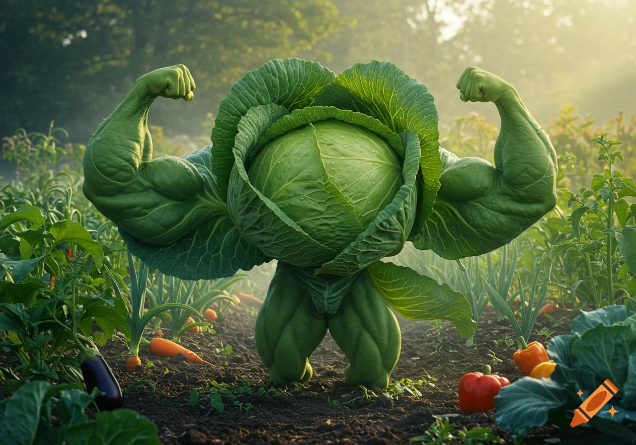 A muscular green cabbage flexing its biceps and quadriceps in a sunlit garden amongst other vegetables, photorealistic style.