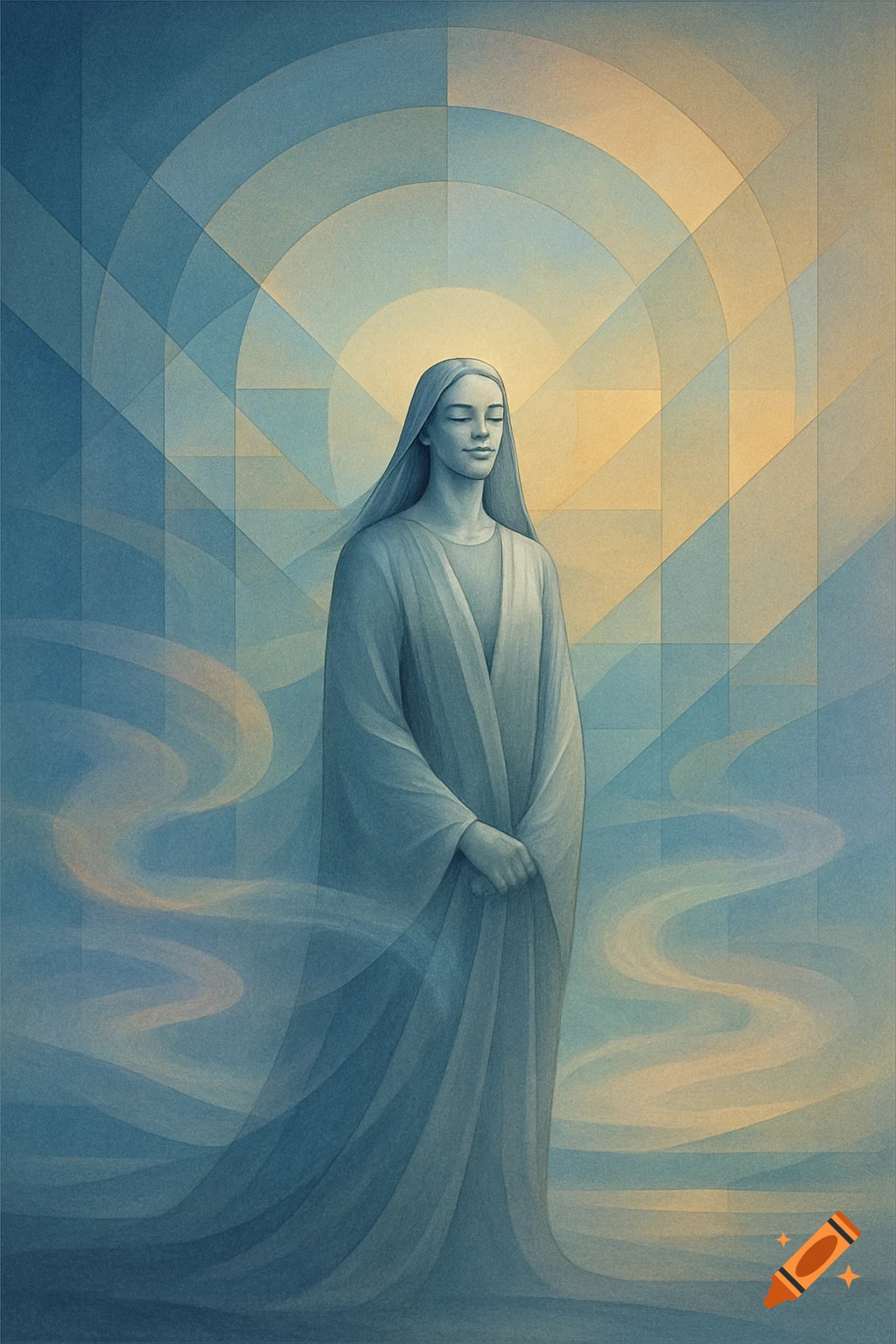 Serene figure in flowing robes meditating against a geometric blue and gold background with ethereal mist.