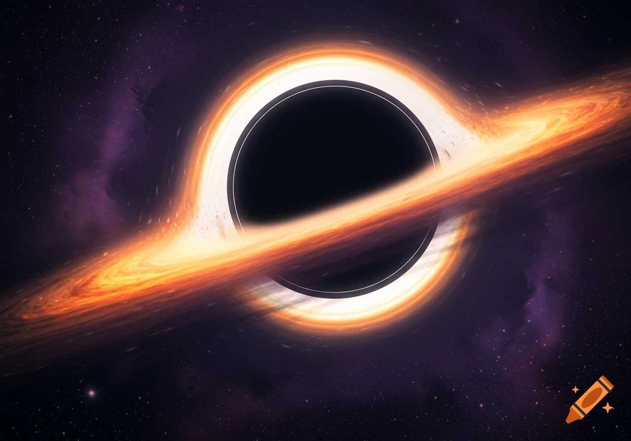 A stylized black hole with a bright orange and yellow accretion disk against a purple nebula and starfield.