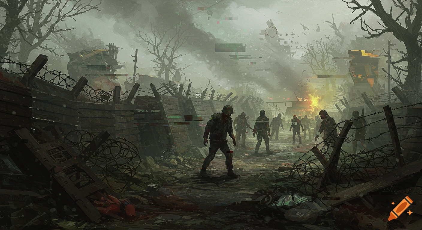 A grim, glitch-filled video game art scene shows zombie soldiers in a foggy, war-torn landscape with barbed wire.