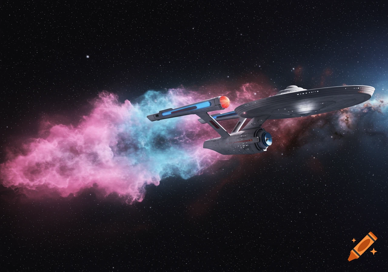 The USS Enterprise flying through space, trailing vibrant pink and blue nebulous clouds.