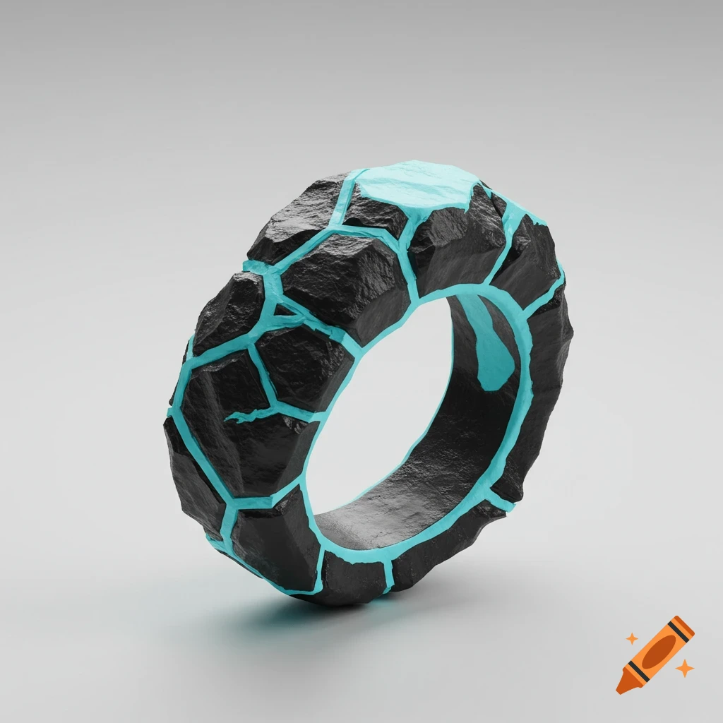 A matte black, rough, rock-textured ring with glowing matte baby blue cracks stands against a light gray background.