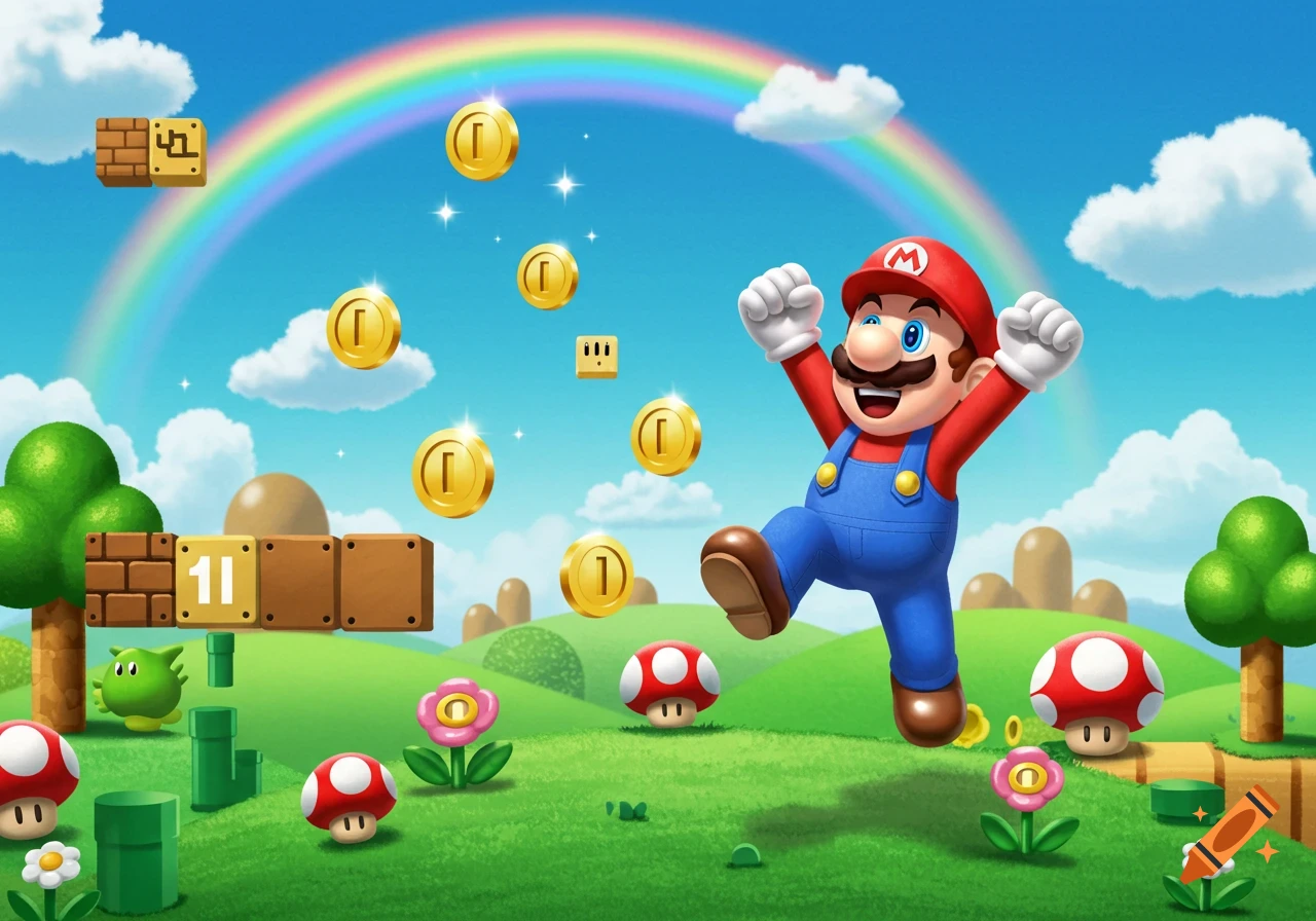 Mario leaps with joy in a vibrant, cartoonish Super Mario Bros. landscape, surrounded by floating coins, question blocks, green pipes, mushrooms, and a rainbow.