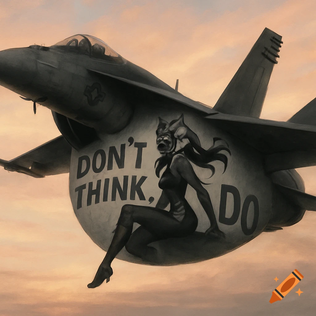 F/A-18E jet with black and grey pin-up art of Ahsoka Tano on its side, against a sunrise sky.