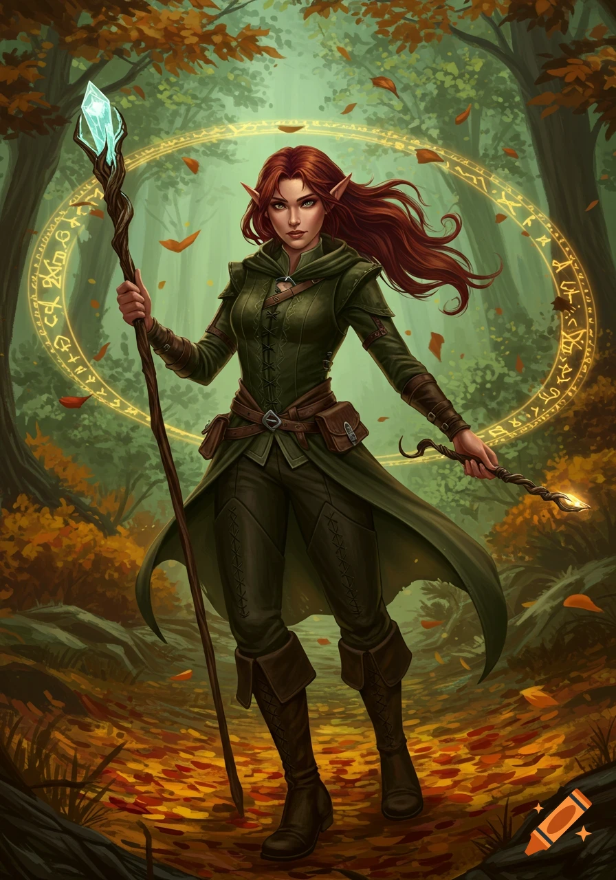 A red-haired female elf warlock in dark green leathers stands in an autumn forest, holding a crystal staff and a glowing wand, with a magical rune circle behind her.