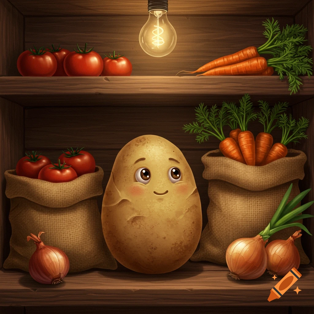 A cute, smiling cartoon potato sits on a wooden shelf, surrounded by bags of tomatoes, carrots, and onions under a glowing light bulb.