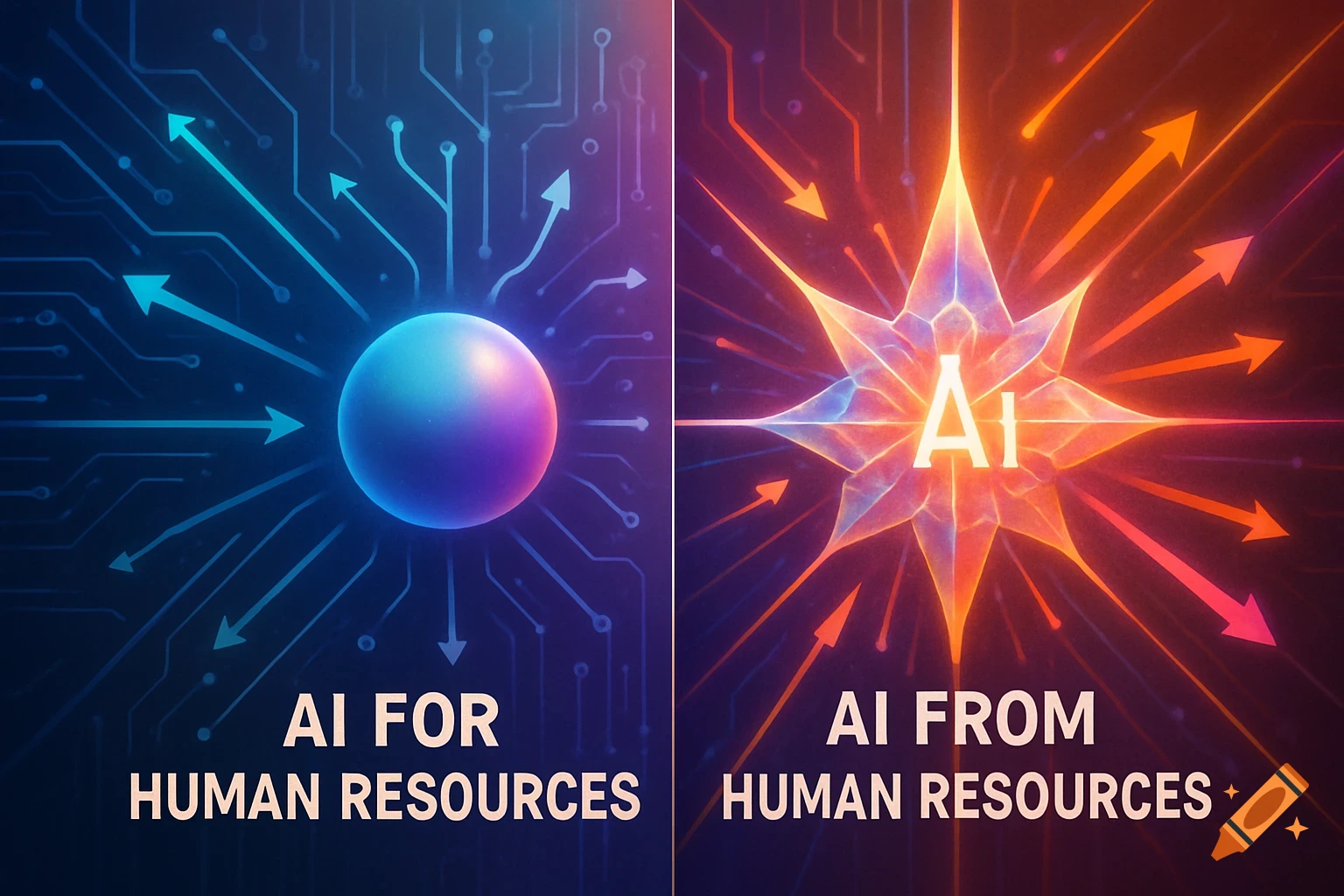 Conceptual split image showing AI for and from Human Resources with circuits and glowing elements.