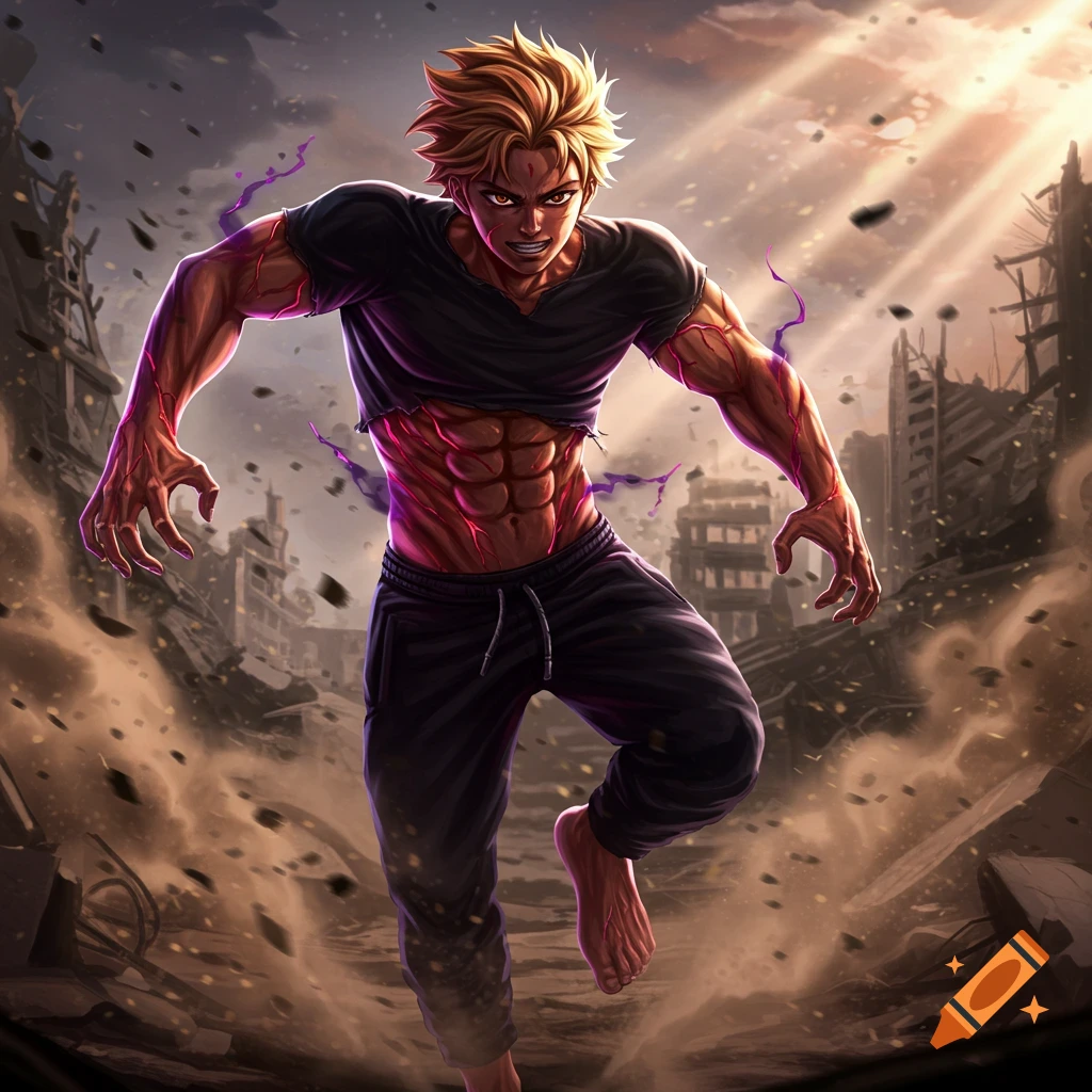 Anime-style artwork of a muscular man with glowing red veins, running through a demolished city at sunset.