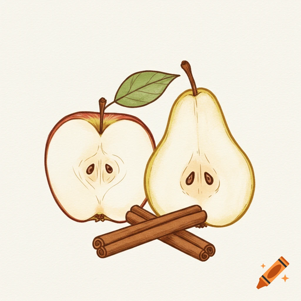 Stylized illustration of a halved apple and pear with cinnamon sticks on a light background.