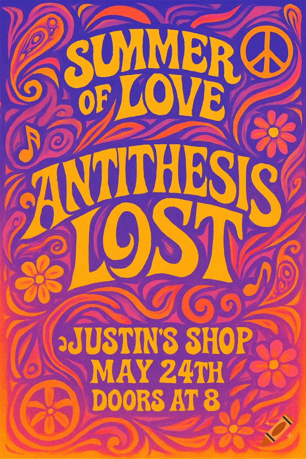 Psychedelic event poster in purple, orange, yellow with swirling patterns, flowers, and a peace sign. Text: 'Summer of Love', 'Antithesis Lost', 'Justin's Shop', 'May 24th', 'Doors at 8'.
