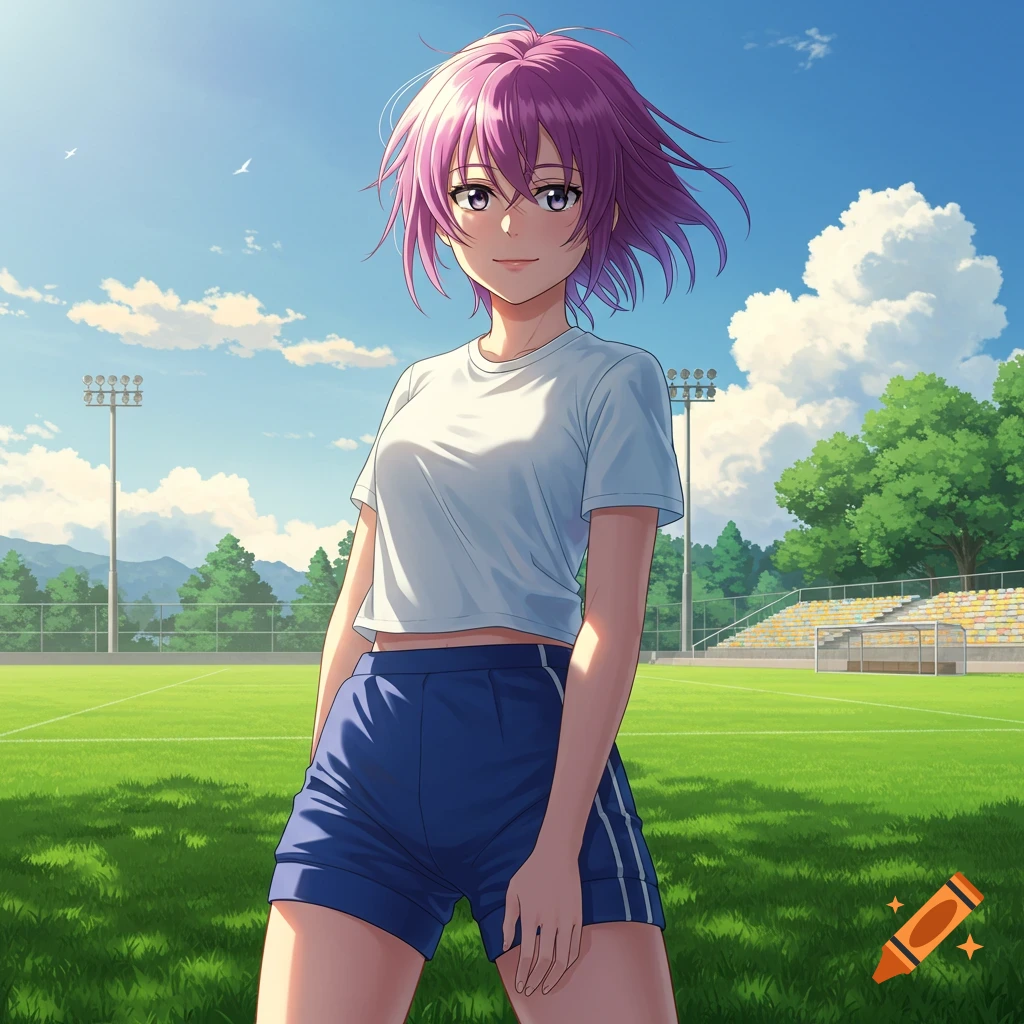 Anime girl with short purple hair in a white t-shirt and blue shorts stands on a sunny sports field.