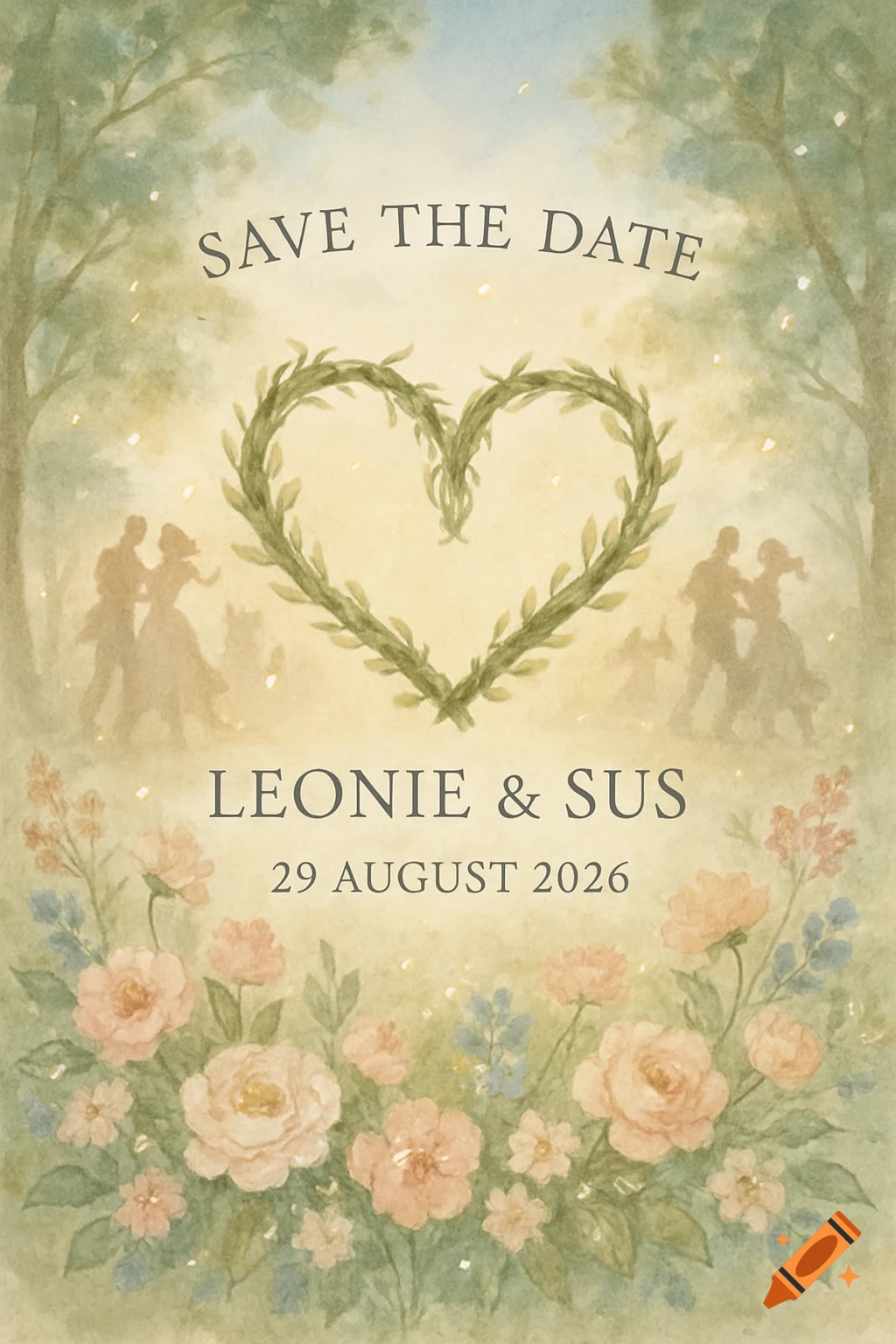 Watercolor wedding invitation with 'SAVE THE DATE', a vine heart, dancing silhouettes, 'LEONIE & SUS', and '29 AUGUST 2026' amid flowers and trees.