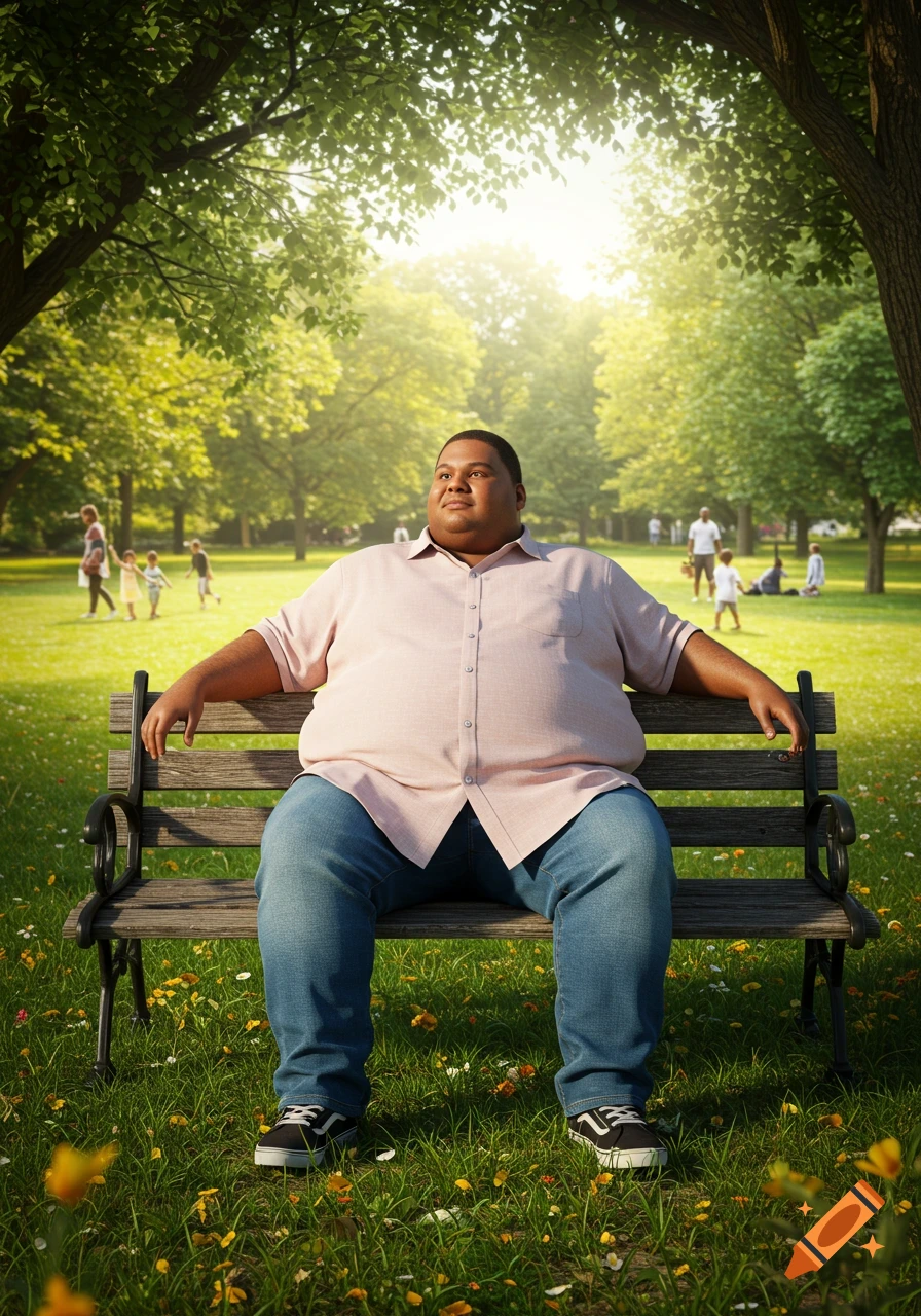 A morbidly obese man in a pink shirt and jeans sits on a park bench, looking up into the sunny trees. People are in the background.