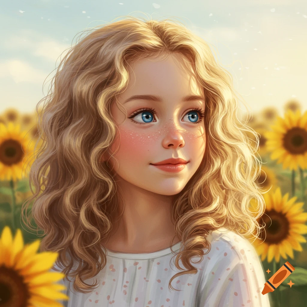 Digital art portrait of a young girl with curly blonde hair and blue eyes, smiling gently in a bright sunflower field.