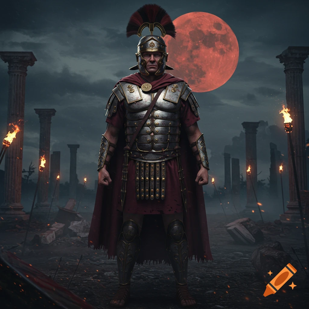 A Roman Centurion in full armor stands among ruins with torches and a large red moon in a dark, cloudy sky.