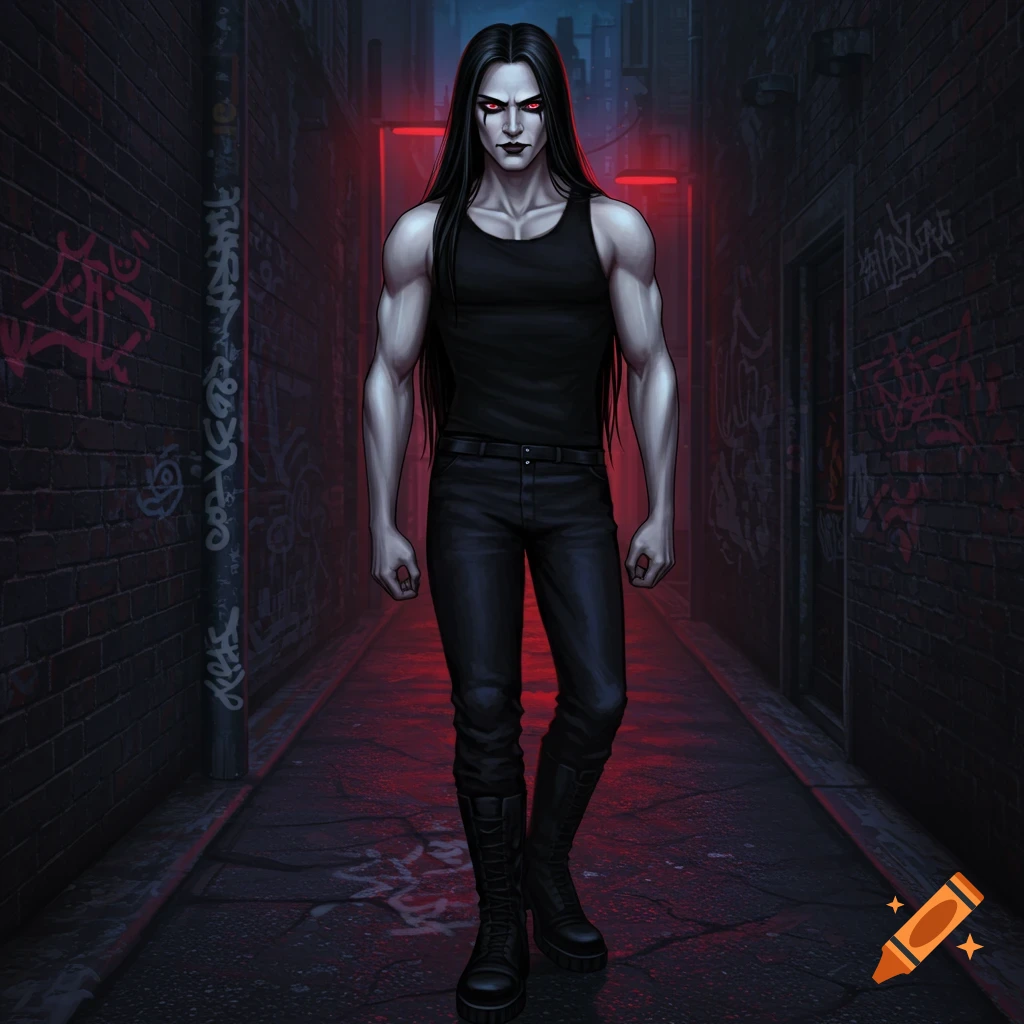 A stylized goth male with long black hair, red eyes, and pale skin, wearing a black tank top, pants, and boots, stands in a dark alley with red lighting.