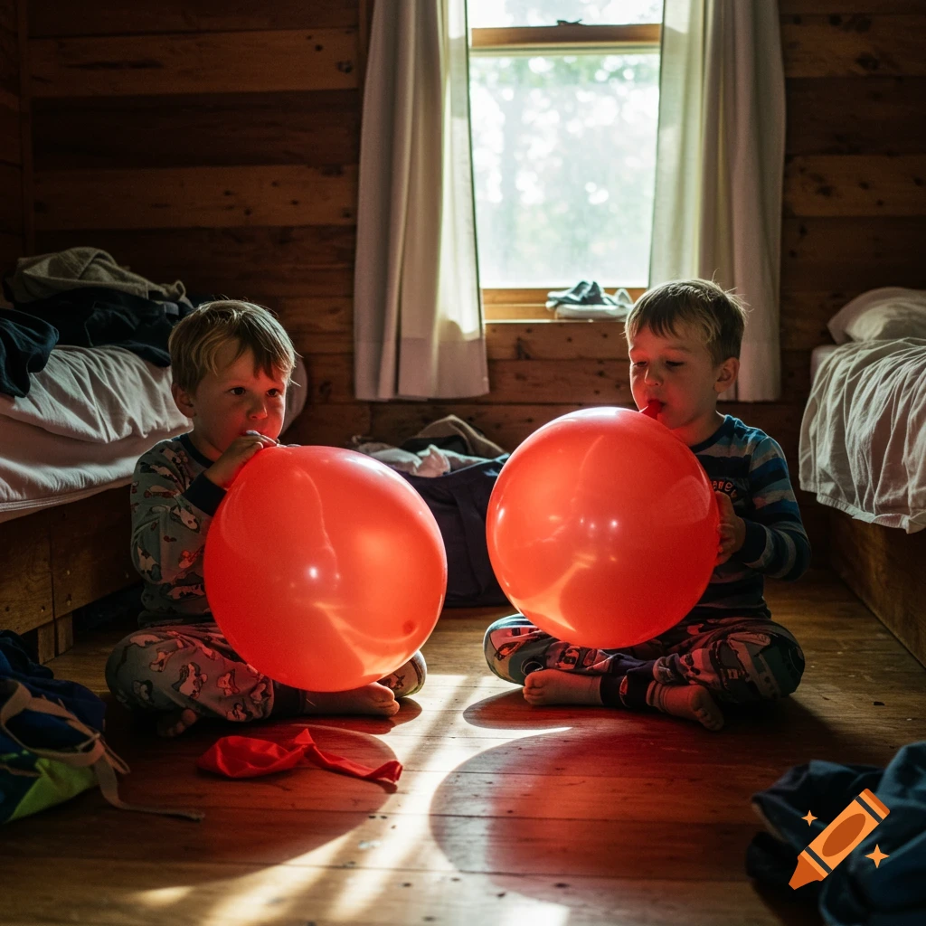 Two young boys in pajamas inflate large red balloons in a sunlit wooden room, photorealistic style.