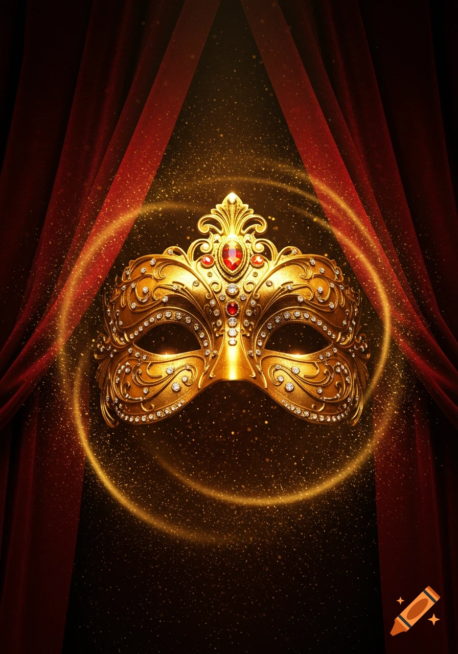 Ornate golden mask with red jewels and swirling golden light, framed by red velvet curtains, against a dark, sparkling background.