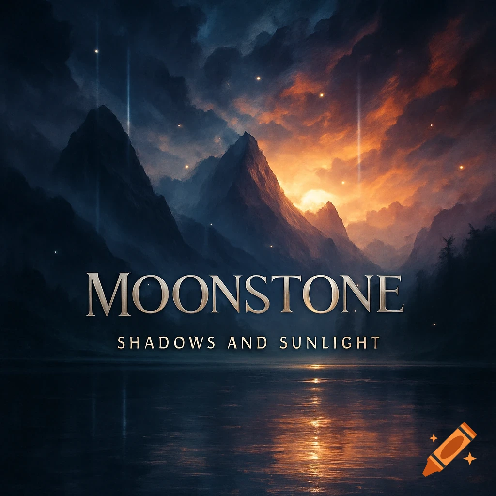Dramatic dark blue and orange landscape with mountains, a lake reflecting light, and glowing text 'MOONSTONE SHADOWS AND SUNLIGHT'.